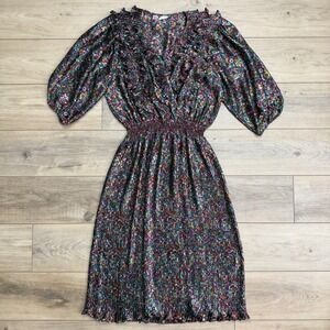Vintage 80s Floral Ruffle Puff Sleeve Pleated Smocked Waist Midi Dress Satin